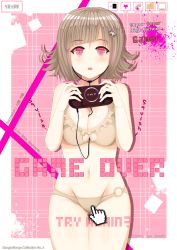 Rule 34 | 10s, 1girl, artist name, between breasts, blunt bangs, blush, bra, breasts, breasts squeezed together, brown hair, character name, cleavage cutout, clock, clothing cutout, cowboy shot, cursor, danganronpa (series), danganronpa 2: goodbye despair, earphones, english text, flipped hair, frilled bra, frills, hair ornament, hairclip, handheld game console, hews, highres, holding, large breasts, looking at viewer, nanami chiaki, navel, open mouth, panties, parted lips, pink background, pink eyes, playstation portable, ringed eyes, shiny skin, short hair, solo, thigh gap, underwear, underwear only