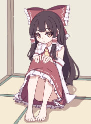 Rule 34 | 1girl, absurdres, ascot, barefoot, brown eyes, brown hair, collared shirt, commentary request, detached sleeves, frilled shirt collar, frilled skirt, frills, hair tubes, hakama, hakama skirt, hakurei reimu, highres, indoors, japanese clothes, kame (kamepan44231), long hair, on floor, one-hour drawing challenge, red eyes, red hakama, red shirt, red skirt, ribbon-trimmed sleeves, ribbon trim, shirt, sidelocks, sitting, skirt, skirt set, solo, touhou, white sleeves, wide sleeves, yellow ascot