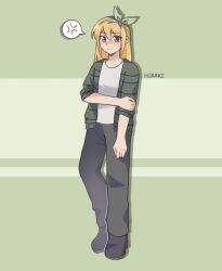 Rule 34 | 1girl, alternate costume, alternate hair color, anger vein, aoihiraki, artist name, aubrey (faraway) (omori), aubrey (omori), black footwear, blonde hair, blush, closed mouth, green hairband, grey pants, hairband, highres, long hair, looking at viewer, multicolored hair, omori, pants, roots (hair), shirt, short sleeves, solo, speech bubble, spoken anger vein, white shirt