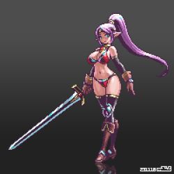 Rule 34 | 1girl, armor, bikini armor, blue eyes, boots, breasts, cleavage, curvy, elf, highres, large breasts, legs, mabius, navel, pixel art, pointy ears, ponytail, purple hair, solo, sword, thick thighs, thighs, weapon
