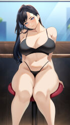 Rule 34 | 1girl, arm support, bikini, black bikini, black hair, blue eyes, blueorca, breasts, cleavage, closed mouth, collarbone, commentary, feet out of frame, head tilt, highleg, highleg bikini, highres, large breasts, long hair, looking at viewer, mole, mole on breast, mole under eye, navel, on stool, original, ponytail, sitting, solo, swimsuit