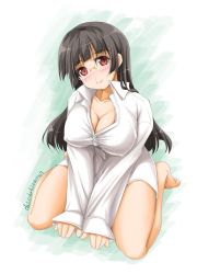 Rule 34 | 1girl, akimoto dai, artist name, barefoot, black hair, blunt bangs, breasts, choukai (kancolle), cleavage, commentary request, dated, dress shirt, glasses, highres, kantai collection, large breasts, long hair, looking at viewer, one-hour drawing challenge, red eyes, rimless eyewear, shirt, sitting, solo, wariza