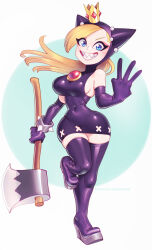Rule 34 | 1girl, axe, bare shoulders, black dress, black gloves, blonde hair, blue background, blue eyes, boots, bracelet, breasts, covered navel, crown, curvy, dress, elbow gloves, full body, gloves, grin, highres, holding, holding axe, hood, hood up, jewelry, large breasts, long hair, looking at viewer, mario (series), mario power tennis, mario tennis, nintendo, purple footwear, sharp teeth, simple background, sleeveless, smile, solo, spiked bracelet, spikes, standing, supersatanson, teeth, thick thighs, thigh boots, thighs, warupeach, white background, wide hips