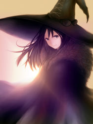 Rule 34 | 1girl, bad id, bad pixiv id, black eyes, black hair, brown background, cape, fur, goggles, unworn goggles, hat, highres, lens flare, long hair, original, smile, solo, sun, sunlight, teti, witch, witch hat