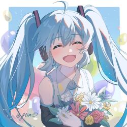Rule 34 | 1girl, ahoge, artist name, balloon, blue hair, blue necktie, bouquet, closed eyes, commentary, detached sleeves, facing viewer, flower, hashtag-only commentary, hatsune miku, highres, holding, holding bouquet, holding flower, long hair, loose necktie, necktie, open mouth, purple flower, red flower, shirt, signature, sleeveless, sleeveless shirt, smile, solo, twintails, upper body, vocaloid, white flower, yellow flower, yun (dl2n5c7kbh8ihcx)