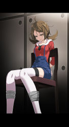 Rule 34 | 1girl, ahoge, arms behind back, blue shorts, bound, bound arms, bound legs, brown eyes, brown hair, chair, clenched teeth, closed mouth, collarbone, creatures (company), game freak, half-closed eyes, high-waist shorts, highres, indoors, letterboxed, long hair, long sleeves, looking down, low twintails, lyra (pokemon), nintendo, parted bangs, pokemon, pokemon hgss, red shirt, restrained, shirt, short shorts, shorts, sitting, solo, suspender shorts, suspenders, sweatdrop, teeth, thighhighs, tsukishiro saika, twintails, v-shaped eyebrows, white thighhighs, zettai ryouiki