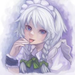 Rule 34 | 1girl, :p, ascot, blue eyes, braid, bukimi isan, female focus, hand to own mouth, head tilt, highres, izayoi sakuya, looking at viewer, maid, maid headdress, solo, tongue, tongue out, touhou, twin braids, upper body, white hair, wristband