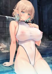 Rule 34 | 1girl, arm support, bare shoulders, blonde hair, blue eyes, breasts, cameltoe, cleft of venus, colored inner hair, commentary request, covered erect nipples, covered navel, earrings, green hair, hand up, highleg, highleg swimsuit, jewelry, kirishima satoshi, large breasts, multicolored hair, nipples, one-piece swimsuit, original, pointy ears, see-through, short hair, sitting, soaking feet, solo, swimsuit, taut clothes, taut swimsuit, two-tone hair, water, white one-piece swimsuit