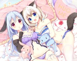Rule 34 | 2girls, :3, :d, animal ears, aoi yun, arm warmers, babydoll, bare shoulders, bed sheet, blue eyes, blue hair, blue ribbon, blush, bow, bow panties, bra, breasts, cat ears, cat tail, cleavage, closed mouth, collarbone, commentary request, ears down, fang, fingernails, frilled pillow, frills, groin, large breasts, leg ribbon, light brown hair, long hair, long sleeves, low twintails, lying, multiple girls, nail polish, navel, hugging object, on back, on side, open mouth, original, panties, pillow, purple panties, rabbit ears, red eyes, ribbon, short twintails, sleeves past wrists, smile, strap slip, string panties, stuffed animal, stuffed rabbit, stuffed cat, stuffed toy, tail, thigh ribbon, thighhighs, twintails, underwear, underwear only, very long hair, white bra, white legwear, white panties