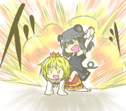 Rule 34 | &gt; &lt;, 2girls, ad, all fours, animal ears, arm up, blonde hair, bottle, chibi, explosion, closed eyes, fang, female focus, mouse ears, mouse tail, multiple girls, nazrin, niishiki kajuu, no nose, old spice, open mouth, parody, riding, silver hair, tail, toramaru shou, touhou, yellow eyes
