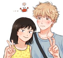 Rule 34 | 1boy, 1girl, black hair, blonde hair, brown eyes, commentary request, crab, grey shirt, height difference, highres, iwakura mitsumi, korean commentary, korean text, shima sousuke, shirt, skip to loafer, smile, sweatdrop, translated, v, wavy mouth, yumyumppang
