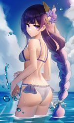 Rule 34 | 1girl, absurdres, bikini, braid, breasts, closed mouth, cloud, cloudy sky, commentary request, day, from behind, genshin impact, highres, long hair, looking at viewer, looking back, maio05321, medium breasts, outdoors, partially submerged, purple eyes, purple hair, raiden shogun, sky, solo, swimsuit, water