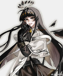 Rule 34 | 1girl, antenna hair, arknights, artist name, ascot, belt, belt buckle, black ascot, black belt, black eyes, black gloves, black hair, black halo, black outline, black skirt, black sleeves, black wings, blunt bangs, broken halo, buckle, chinese commentary, chinese text, collared jacket, colored inner hair, commentary request, cowboy shot, dark halo, detached wings, energy wings, eyelashes, floating hair, from side, gloves, grey hair, grey shirt, halo, hand on own face, hand to own mouth, hand up, highres, hime cut, jacket, layered sleeves, lips, long hair, long sleeves, looking at viewer, looking to the side, miniskirt, mole, mole under eye, multicolored hair, open mouth, outer glow, outline, pale skin, pleated skirt, shirt, short over long sleeves, short-sleeved jacket, short sleeves, sidelocks, signature, simple background, skirt, smile, solo, standing, teeth, two-tone hair, variant set, very long hair, virtuosa (arknights), watermark, weibo 6101652766, weibo logo, weibo watermark, white background, white belt, white jacket, wide sleeves, wing collar, wings, yellow pupils