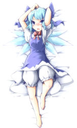 Rule 34 | 1girl, absurdres, bad id, bad pixiv id, barefoot, bloomers, blue eyes, blue hair, cirno, female focus, full body, highres, lying, matching hair/eyes, revision, short hair, solo, toor 0111, touhou, underwear, white background, wings