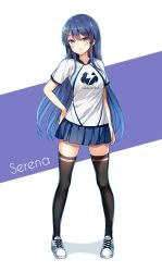 Rule 34 | 1girl, absurdres, black thighhighs, blue hair, blue outline, blue skirt, blush, borrowed character, character name, clothes writing, commentary, english commentary, full body, grey eyes, hair between eyes, hair ornament, hand on own hip, highres, jersey, kaetzchen, long hair, looking at viewer, miniskirt, mole, mole under eye, original, outline, pleated skirt, serena (tempo zero), shadow, shirt, shoes, sidelocks, simple background, skirt, smile, sneakers, solo, standing, thighhighs, thighs, very long hair, white background, white footwear, white shirt, zettai ryouiki