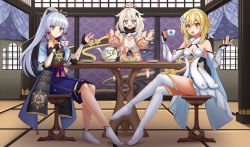 Rule 34 | 3girls, :d, ankle socks, armor, ayaka (genshin impact), baozi, bare shoulders, black gloves, blonde hair, blue skirt, blush, boots, breastplate, breasts, brown eyes, cleavage, commentary, commission, crossed legs, cup, detached sleeves, dress, drooling, english commentary, food, genshin impact, gloves, grey eyes, hair between eyes, hands up, high ponytail, highres, holding, holding cup, indoors, kazenokaze, long hair, long sleeves, lumine (genshin impact), medium breasts, multiple girls, no shoes, open mouth, paimon (genshin impact), partially fingerless gloves, plate, ponytail, saliva, saucer, short sleeves, silver hair, single thighhigh, sitting, skirt, smile, socks, table, teacup, teapot, thighhighs, thighhighs under boots, very long hair, wavy mouth, white dress, white footwear, white legwear, white sleeves