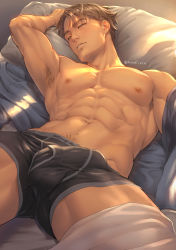 Rule 34 | 1boy, abs, armpit hair, bara, bed, black male underwear, boxer briefs, brown hair, bulge, closed eyes, erection, erection under clothes, highres, large pectorals, lying, male focus, male underwear, mondi hl, muscular, muscular male, navel, nipples, on back, on bed, original, pectorals, pillow, short hair, sleeping, solo, twitter username, underwear