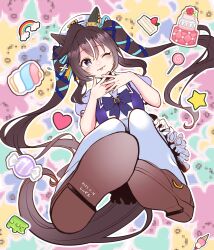 Rule 34 | 1girl, absurdres, animal ears, blue eyes, blush, brown hair, cake, candy, commentary request, endo (endoooo uma), food, hair between eyes, hair ornament, hat, highres, horse ears, horse girl, lollipop, looking at viewer, one eye closed, school uniform, shoes, solo, thighhighs, tongue, tongue out, tracen school uniform, twintails, umamusume, vivlos (umamusume)