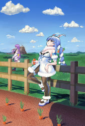 Rule 34 | 2girls, animal ears, black pantyhose, blonde hair, blue hair, braid, breasts, brown eyes, carrot, colored inner hair, don-chan (usada pekora), eating, food, food-themed hair ornament, hair ornament, highres, holding, holding food, holding pickaxe, holding vegetable, hololive, hololive indonesia, leaning back, moona hoshinova, multicolored hair, multiple girls, over shoulder, pantyhose, pickaxe, purple hair, rabbit ears, small breasts, solo focus, twin braids, usada pekora, usada pekora (1st costume), vegetable, virtual youtuber, yama narashi