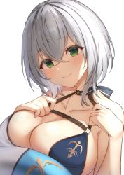 Rule 34 | 1girl, bikini, blush, breast press, breasts, closed mouth, collarbone, green eyes, hair between eyes, halterneck, highres, hololive, large breasts, looking at viewer, menmen (menmen13s), shirogane noel, shirogane noel (summer 2020), short hair, silver hair, simple background, smile, solo, swimsuit, upper body, virtual youtuber, white background