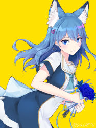 Rule 34 | 1girl, animal ear fluff, animal ears, aqua neckerchief, blue dress, blue eyes, blue flower, blue hair, blue nails, blue ribbon, blue rose, blush, bouquet, commentary request, cowboy shot, dress, ear piercing, earrings, fang, flower, hair ornament, highres, holding, holding bouquet, jewelry, leaning forward, live union, long hair, looking at viewer, minase nagi (live union), mole, mole under eye, nail polish, neckerchief, open mouth, piercing, ribbon, rose, sailor collar, short sleeves, simple background, smile, solo, suu2510, twitter username, virtual youtuber, white sailor collar, wide sleeves, yellow background