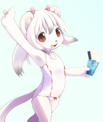 Rule 34 | 1girl, arm up, armpits, blue background, body fur, bow, brown eyes, canopus335, female focus, flat chest, food, furry, furry female, gradient hair, hair bow, ice cream, ice cream float, multicolored hair, one-piece swimsuit, open mouth, original, simple background, solo, swimsuit, tail, teeth, white hair