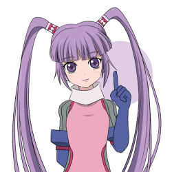 Rule 34 | 1girl, arm behind back, female focus, flat color, gloves, long hair, pointing, purple eyes, purple hair, smile, solo, sophie (tales), tales of (series), tales of graces, twintails, white background, yayoi kotoyuki