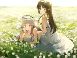 Rule 34 | 2girls, anmi, bare shoulders, barefoot, blush, braid, breasts, brown eyes, brown hair, cleavage, closed mouth, collarbone, commentary request, day, dress, field, flower, flower bracelet, flower wreath, foot up, full body, green eyes, hand on own cheek, hand on own face, head wreath, highres, holding, long hair, looking at viewer, lying, medium breasts, multiple girls, on grass, on ground, on stomach, original, outdoors, silver hair, sitting, sleeveless, sleeveless dress, smile, spring (season), strap slip, sundress, sunlight, very long hair, white dress, white flower, yokozuwari