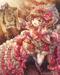 Rule 34 | 1girl, ;d, ahoge, ankle lace-up, arm up, bare shoulders, beads, blush, bow, bracelet, breasts, brown hair, cleavage, company name, cross-laced footwear, dress, earrings, eikou no guardian battle, elbow gloves, ero lolita, female focus, flower, frilled dress, frills, from above, full body, garter straps, gloves, gown, green eyes, hair flower, hair ornament, hand on own cheek, hand on own face, high-low skirt, highres, holding, jewelry, laces, large breasts, layered dress, light particles, lolita fashion, long hair, looking at viewer, madogawa, multicolored clothes, multicolored dress, necklace, official art, one eye closed, open mouth, outstretched arm, paper, perspective, pink bow, pink dress, pink gloves, pink thighhighs, ribbon, scroll, shoes, smile, solo, standing, sweet lolita, thighhighs, tiara, too many, watermark, white dress, wrist ribbon