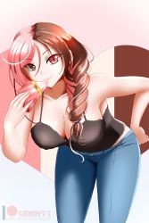 Rule 34 | 1girl, artist name, bare shoulders, bent over, black shirt, blue pants, box, braid, breasts, brown eyes, brown hair, cleavage, closed mouth, collarbone, denim, female focus, gift, hair tie, hand on own hip, hand up, happy, heart, heterochromia, highres, holding, jeans, kimmy77, large breasts, long hair, looking at viewer, multicolored hair, neo politan, pants, patreon logo, patreon username, pink eyes, pink hair, ribbon, rwby, shiny skin, shirt, simple background, single braid, sleeveless, sleeveless shirt, smile, solo, spaghetti strap, standing, two-tone hair, watermark, web address, yellow ribbon