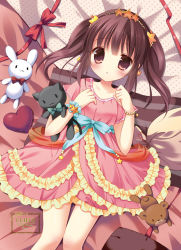Rule 34 | 10s, 1girl, aono ribbon, bed sheet, brown eyes, brown hair, dress, hairband, idolmaster, idolmaster cinderella girls, looking at viewer, lying, ogata chieri, parted lips, pink dress, solo, stuffed animal, stuffed rabbit, stuffed cat, stuffed toy, teddy bear, twintails