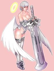Rule 34 | 1girl, angel wings, armor, bad id, bad pixiv id, bare shoulders, breasts, cleavage, halo, huge weapon, jpeg artifacts, kusagami style, large breasts, legs, original, pointy ears, signature, simple background, solo, sword, thighhighs, thighs, weapon, white hair, white thighhighs, wings