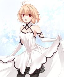 Rule 34 | 1girl, antenna hair, arcueid brunestud, bare shoulders, black pantyhose, blonde hair, breasts, commentary request, detached collar, detached sleeves, dress, elbow gloves, gloves, hair between eyes, highres, long dress, looking at viewer, medium breasts, nemu mohu, official alternate costume, open mouth, pantyhose, red eyes, short hair, skirt hold, sleeveless, sleeveless dress, smile, solo, strapless, strapless dress, teeth, tsukihime, tsukihime (remake), upper teeth only, vampire, white dress, white gloves, white sleeves