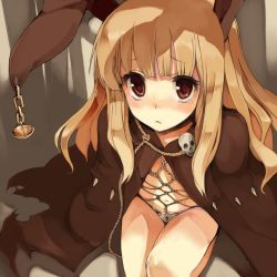 Rule 34 | 1girl, :&lt;, animal ears, bdsm, blonde hair, blush, bondage, bound, rabbit ears, cape, chain, chastity belt, crotch rope, female focus, flat chest, from above, long hair, looking at viewer, looking up, monorino, navel, original, red eyes, rope, seiza, shibari, shibari under clothes, sitting, slave, solo, tears