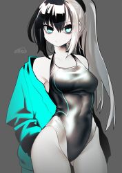 Rule 34 | 1girl, aqua eyes, aqua jacket, bare shoulders, black hair, black one-piece swimsuit, commentary request, competition swimsuit, cowboy shot, grey background, highres, jacket, kaida michi, long hair, looking at viewer, multicolored hair, norah bright, one-piece swimsuit, original, side ponytail, simple background, smile, solo, split-color hair, swimsuit, two-tone hair, white hair
