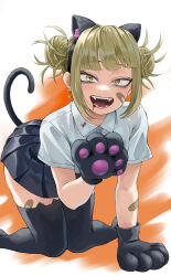 Rule 34 | 1girl, absurdres, animal ears, animal hands, bags under eyes, bandaid, bandaid on face, black skirt, black thighhighs, blonde hair, blunt bangs, boku no hero academia, cat ears, cat tail, collared shirt, double bun, fake animal ears, fengling (furin-jp), gloves, hair bun, highres, looking at viewer, paw gloves, paw pose, pleated skirt, shirt, sidelocks, skirt, slit pupils, solo, tail, thighhighs, toga himiko, white shirt, yellow eyes