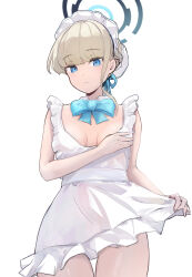 Rule 34 | 1girl, apron, blonde hair, blue archive, blue eyes, blue halo, blue ribbon, breasts, cleavage, closed mouth, commentary request, hair bun, hair ribbon, halo, highres, looking at viewer, maid headdress, medium breasts, ribbon, ryh4, short hair, simple background, single hair bun, thighs, toki (blue archive), white apron, white background