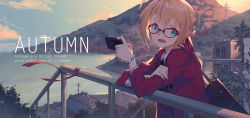 Rule 34 | 10s, 1girl, :d, alternate costume, black shirt, blonde hair, blue sky, braid, building, camera, cloud, day, english text, fate/extra, fate (series), glasses, green eyes, hair between eyes, hair ribbon, highres, holding, holding camera, hood, hood down, hooded jacket, jacket, lake, long sleeves, nero claudius (fate), nero claudius (fate) (all), nero claudius (fate/extra), nian (zhanian), open clothes, open jacket, open mouth, outdoors, railing, red-framed eyewear, red jacket, red ribbon, ribbon, shirt, sidelocks, sky, smile, solo, watch, wristwatch