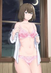 Rule 34 | 1girl, 212 (kisaragi), blue eyes, blush, bob cut, bra, breasts, brown hair, closed mouth, cloud, cloudy sky, cowboy shot, crescent moon, indoors, large breasts, looking at viewer, moon, navel, night, night sky, open clothes, open shirt, original, panties, pink bra, pink panties, reflection, shirt, short hair, sky, solo, standing, underwear, undressing, white shirt, window