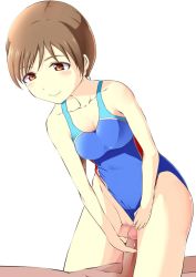 Rule 34 | 10s, 1girl, bare shoulders, blush, breasts, brown eyes, brown hair, clothing aside, collarbone, competition swimsuit, guided penetration, idolmaster, idolmaster cinderella girls, imminent penetration, imminent vaginal, long hair, maguro (fufu), nitta minami, one-piece swimsuit, penis, pussy, smile, solo focus, swimsuit, swimsuit aside