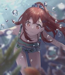 Rule 34 | 1girl, absurdres, ahoge, air bubble, bikini, blue scrunchie, blurry, blurry foreground, breasts, bubble, cherry print, collarbone, commentary, coral, eel, fish, food print, green tank top, hair between eyes, hair ornament, hairclip, highres, holding breath, idolmaster, idolmaster shiny colors, komiya kaho, legs, long hair, looking ahead, medium breasts, outstretched arms, ponytail, puffy cheeks, red bikini, red eyes, scrunchie, shirt, short shorts, shorts, sidelocks, solo, sparkling eyes, striped clothes, striped shirt, sunlight, swimsuit, swimsuit under clothes, tank top, thighs, toretate saburou, underwater, white shorts