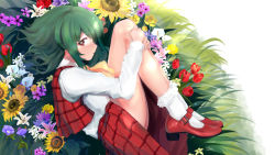 Rule 34 | 1girl, ascot, commentary request, curled up, fetal position, flower, green hair, highres, kazami yuuka, long sleeves, looking at viewer, plaid, plaid skirt, plaid vest, puchikya, red eyes, red footwear, red vest, shirt, short hair, skirt, touhou, vest, white shirt, yellow ascot