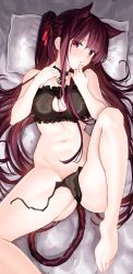 Rule 34 | 1girl, animal ears, ass, b:ga, bad id, bad pixiv id, bare shoulders, bed sheet, bell, black panties, blush, bra, breasts, cat cutout, cat ear panties, cat ears, cat lingerie, choker, cleavage, cleavage cutout, clothing cutout, collar, collarbone, commentary request, feet, frilled bra, frills, from above, girls&#039; frontline, hair ribbon, hands up, highres, kemonomimi mode, knee up, large breasts, light blush, long hair, looking at viewer, lying, meme attire, navel, neck bell, on back, open mouth, panties, pillow, ponytail, red eyes, red hair, ribbon, side-tie panties, solo, spread legs, tail, underwear, underwear only, untied panties, very long hair, wa2000 (girls&#039; frontline)