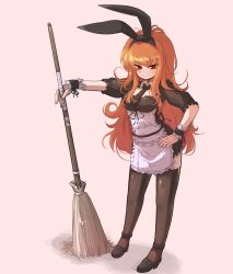 Rule 34 | 1girl, absurdres, animal ears, apron, black footwear, black necktie, black thighhighs, breasts, broom, commission, copyright request, fake animal ears, full body, hand on own hip, highres, holding, holding broom, hwaryeok, long hair, maid, maid apron, medium breasts, necktie, orange hair, rabbit ears, solo, standing, thighhighs, white background