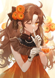 Rule 34 | 1girl, ahoge, backlighting, black bow, bow, brooch, brown hair, commission, cup, earrings, finger to mouth, glass teacup, gloves, hair bow, holding, holding cup, jewelry, looking at viewer, necklace, one eye closed, orange eyes, original, parted bangs, pearl necklace, ranunculus, shiromine kana, skeb commission, solo, teacup, watermark, white gloves