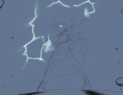 Rule 34 | 1girl, blue background, blue theme, character request, daizu sanchi, electricity, female focus, glowing, glowing eyes, greyscale, monochrome, pigeon-toed, short hair, simple background, skirt, spot color, standing, thighhighs, touhou
