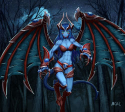 Rule 34 | 1girl, abs, armor, artist name, blue hair, blue skin, breasts, claws, colored skin, demon girl, demon tail, demon wings, dota (series), dota 2, forest, gauntlets, gem, green eyes, highres, hooves, horns, mcrc science, medium breasts, monster girl, muscular, muscular female, nature, night, night stalker, revealing clothes, standing, standing on one leg, star (sky), tail, torn wings, tree, wings