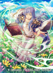 Rule 34 | 1girl, blue sky, book, company name, copyright name, day, dress, field, fire emblem, fire emblem: genealogy of the holy war, fire emblem cipher, flower, flower field, full body, julia (fire emblem), long hair, long sleeves, nagahama megumi, nintendo, official art, open book, outdoors, parted lips, purple eyes, purple hair, sky, solo, wide sleeves