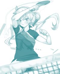 Rule 34 | 1girl, anastasia (fate), blush, breasts, fate/grand order, fate (series), green theme, hair over one eye, hairband, highres, large breasts, long hair, looking at viewer, mitsurugi sugar, monochrome, paddle, pencil skirt, shirt, short sleeves, skirt, solo, table tennis, table tennis net, table tennis paddle, thighs, twintails