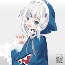 Rule 34 | 1girl, :d, absurdres, animal hood, bad hands, blue eyes, blue hair, blue hoodie, commentary request, drawstring, floral background, gawr gura, gawr gura (1st costume), grey background, grey hair, hair ornament, hand up, highres, hololive, hololive english, hood, hood up, hoodie, long sleeves, looking at viewer, multicolored hair, open mouth, qr code, shark hood, sharp teeth, simple background, smile, solo, streaked hair, teeth, twitter username, two side up, virtual youtuber, wide sleeves, yamaguchi shinnosuke